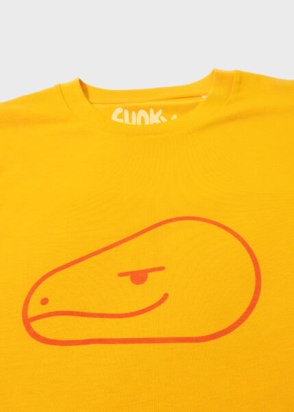 bright yellow t-shirt with an orange print