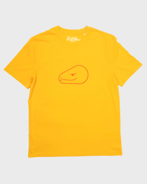 bright yellow t-shirt with an orange print