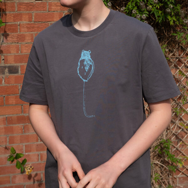 Hooded rat t-shirt in grey with blue rat on model