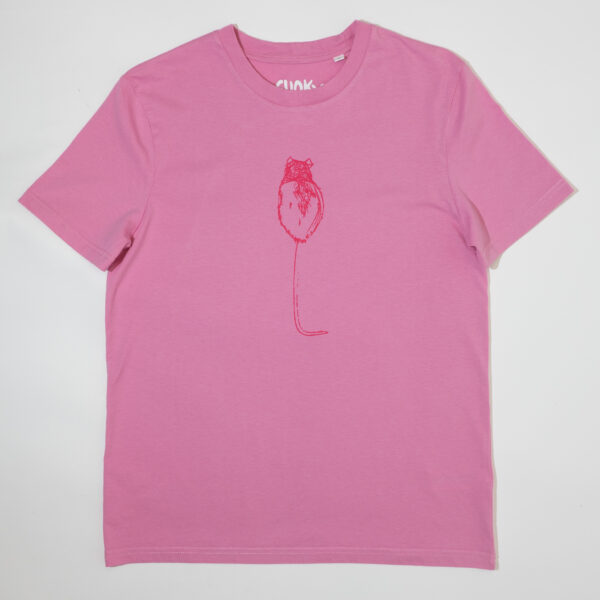 Hooded rat on pink t-shirt with dark pink rat print