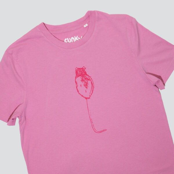 Hooded rat on pink t-shirt with dark pink rat print